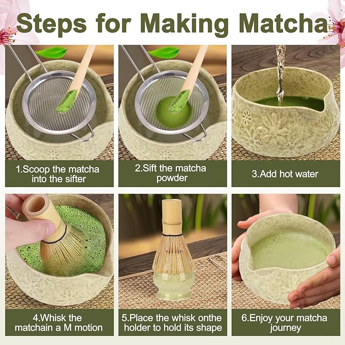 Matcha Whisk Set, 7 Pcs Matcha Kit Includes Matcha Bowl, Whisk and Holder, Bamboo Scoop, Scoop Rest, Sifter and Tea Towel, Gift for Matcha Lover (Mottled Green) - Bloomnest