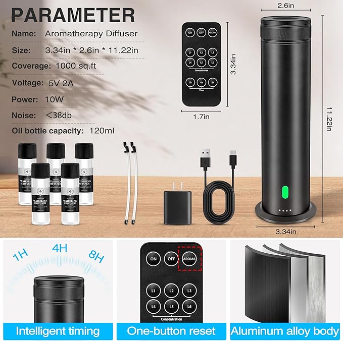 Waterless Scent Diffuser Starter Kit - Suitable for Home and Hotel Series Air Diffuser, 800 Square Inches of Coverage, 5 Kinds of Scented Essential Oils, Remote Control - Bloomnest