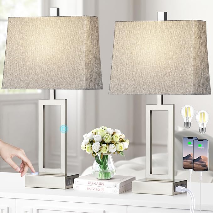 Touch Control Table Lamps Set of 2, Modern Silver Bedside Lamps with USB A+C Ports & AC Outlet, 3 Way Dimmable Contemporary Nightstand Lamps for Bedroom Living Room(LED Bulb Included) - Bloomnest
