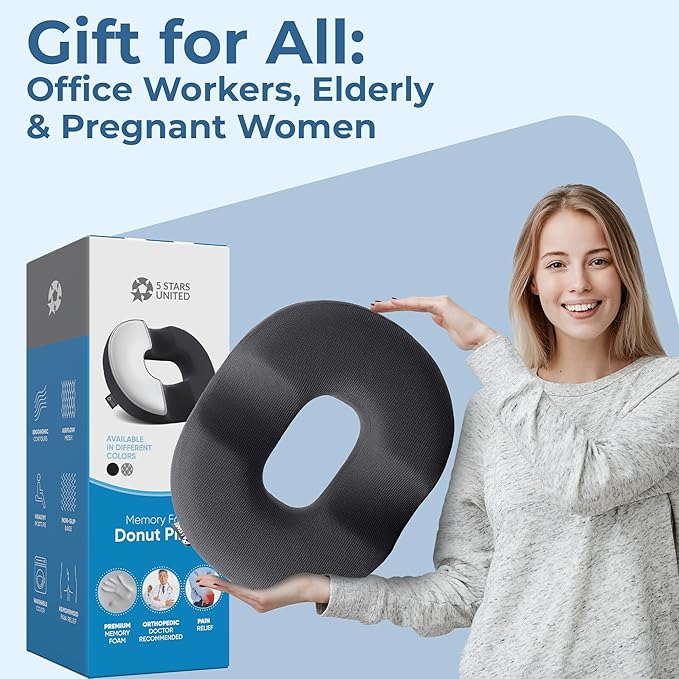 5 STARS UNITED Donut Pillow Hemorrhoid Tailbone Cushion โ Large Cushion for Pain Relief โ Coccyx, Prostate, Sciatica, Pelvic Floor, Pressure Sores, Pregnancy, Postpartum Recovery, Dark Gray - Bloomnest
