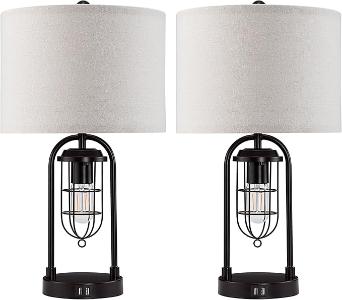 Kyrid 21'' Table Lamps Set of 2 with Night Light and USB Port Industrial Modern Nightstand Lamp Set (Bulbs Included) - Bloomnest