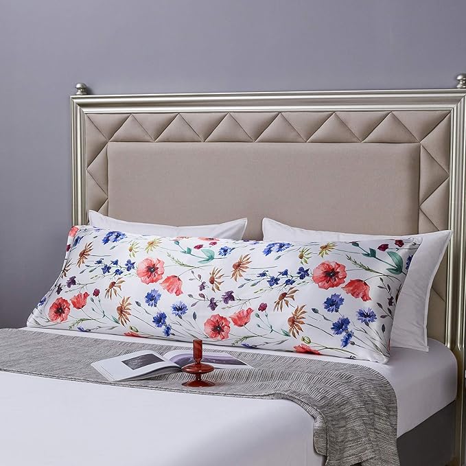MR&HM Satin Body Pillow Cover, Soft and Breathable Body Pillow Case with Envelope Closure, Cooling and Silky Long Pillowcase for Hair and Skin,Grey (20x54, Floral Mixted) - Bloomnest