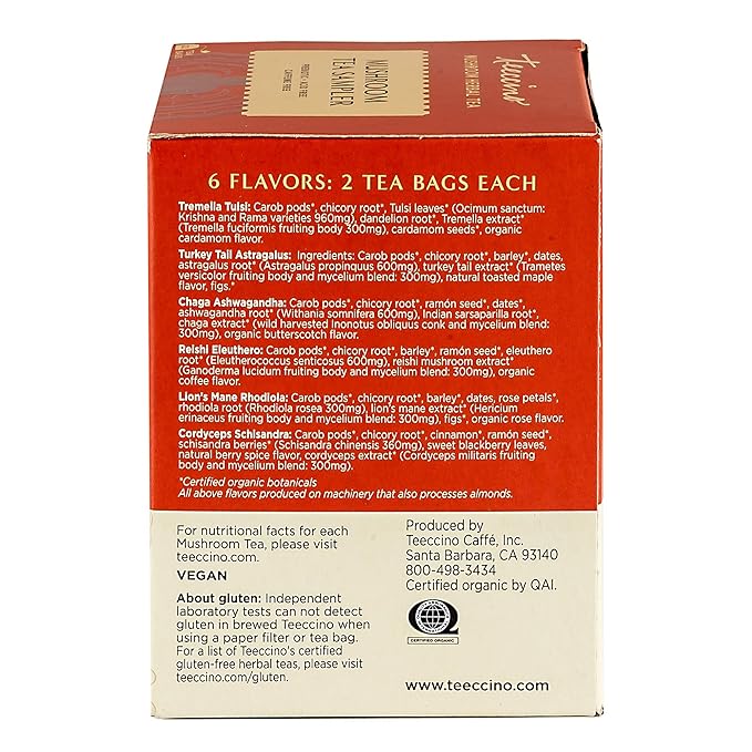 Teeccino Mushroom Herbal Tea - Mushroom Adaptogen Tea Sampler - 12 Tea Bags - Support Your Health With Mushrooms and Adaptogenic Herbs, Prebiotic, Caffeine Free, Acid Free - Bloomnest