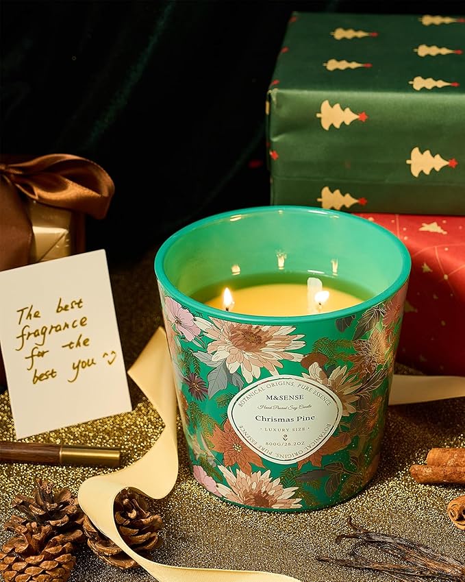M&SENSE Christmas Pine Scented Candle, 28.2oz 3 Wick Natural Soy Wax Large Candles, Long Lasting Clean Slow Burning No Toxic Décor for Christmas, Romantic Dates & Gift-Giving - Bloomnest