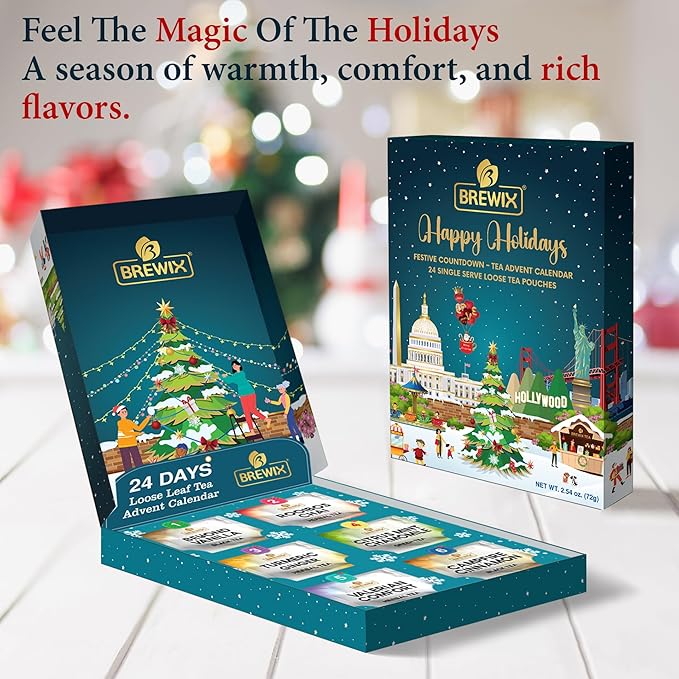 BREWIX, Tea Advent Calendar 2025 | 24 Delightful Black & Green Loose Leaf Teas - Holiday Gift Box | Christmas Advent Calendar 2025 for Adults | Gift Idea for Tea Lovers, Christmas Countdown Set | Holiday Variety Sampler for Tea Lovers - Bloomnest