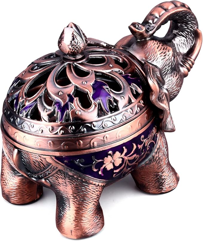K COOL Metal Backflow Incense Holder Elephant Cone Incense Burner Candle Holder with Lid, Aromatherapy Ornament Home Office Decoration for Indoor Outdoor (Purple) - Bloomnest