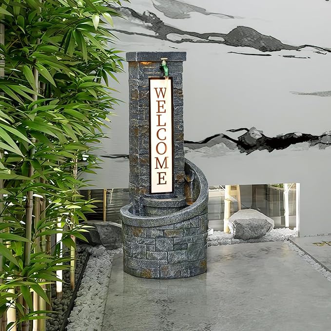 35.43 Inches Outdoor Water Fountain Welcome Garden Waterfall Indoor Modern Water Feature Freestanding Fountains with LED Lights and Pump for Patio Yard Pool Home Decor