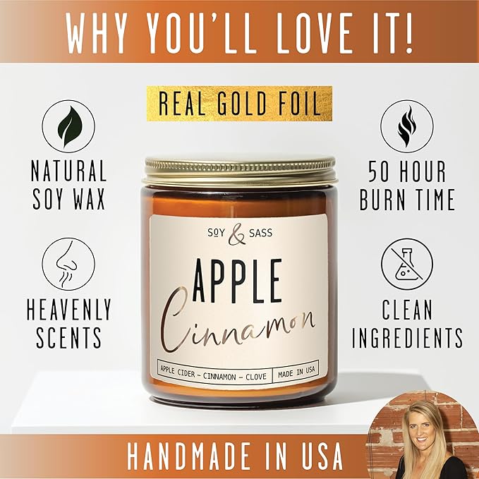 Apple Cinnamon Candles, Cinnamon Apple Candle - 'Apple Cinnamon' Infused w/Essential Oils I Scented Strong Soy Candles for Home for Christmas/Fall I Apple Pie Candle I 50Hr Burn, Made in USA - Bloomnest