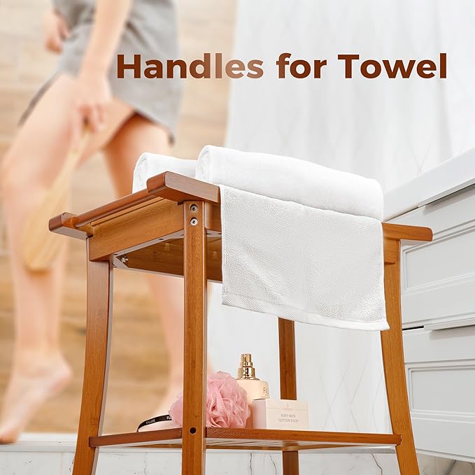 Utoplike Bamboo Shower Bench with Storage, Wood Shower Stool with Handles, Bathroom Seat for Towels, Spa, Inside Shower, Brown Finish - Bloomnest