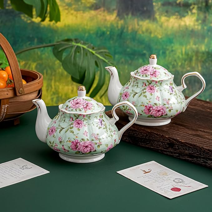 Flower Ceramic Teapot,22oz Porcelain Tea pot for Tea Coffee Milk for Office Home Men Women as Gift (Green) - Bloomnest