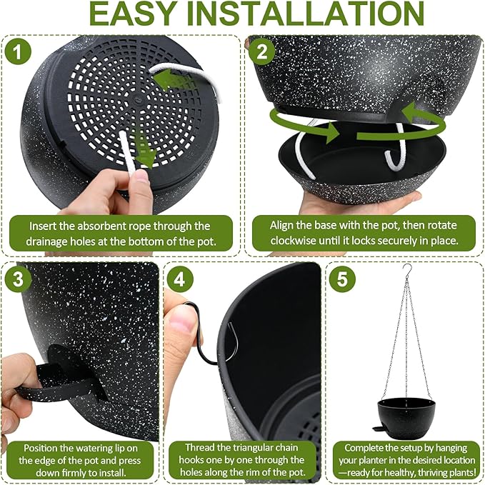 WOUSIWER Self Watering Hanging Planters, 2 Pack 10'' Plastic Pots with Drainage Holes & Reservoir Tray (Speckled Black) | Indoor & Outdoor Use for Ferns, Ivy, Herbs, Succulents - Bloomnest