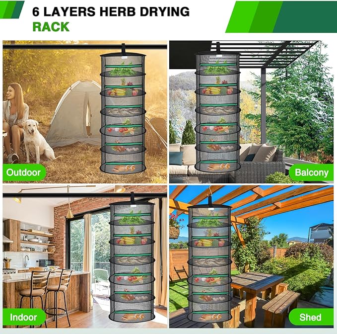 Yesker 6 Layer Herb Drying Rack Hanging Mesh Net Foldable Plant Drying Racks 24" Diameter with Green Zipper & Hook Dryer Hanging Rack for Herbs Seed Bud Fruit Clothes Grow Tent Closets Garden Outdoor - Bloomnest