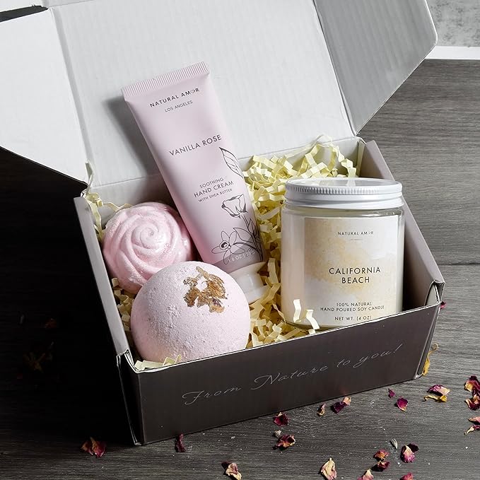 Natural Amor Relaxation Spa Gift Set for Women, 5 Piece Bath & Body Box with Candle, Hand Cream, Bath Bombs & Headband, Self Care Gift for Her - Bloomnest