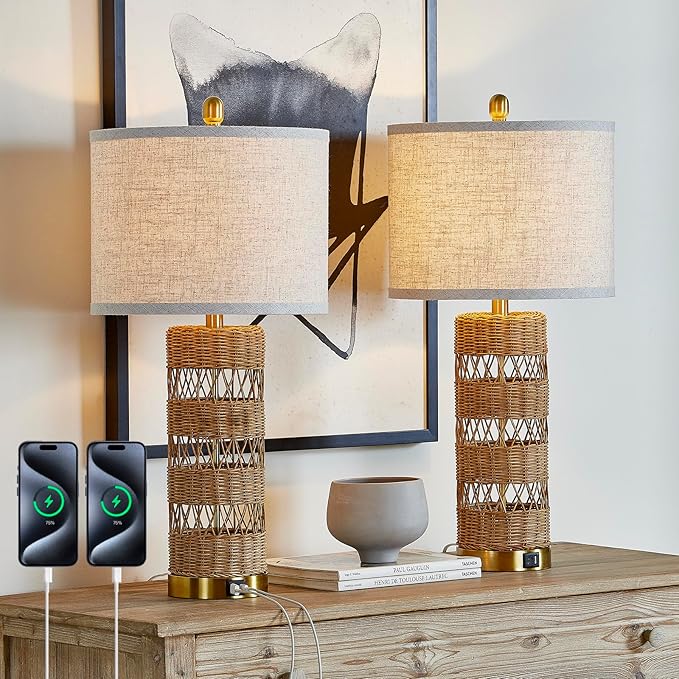 Boho Rattan Stylish & Functional & Versatile Decor USB Table Lamps Set of 2-28" Farmhouse Bedside Lights,Bulbs Included - Bloomnest