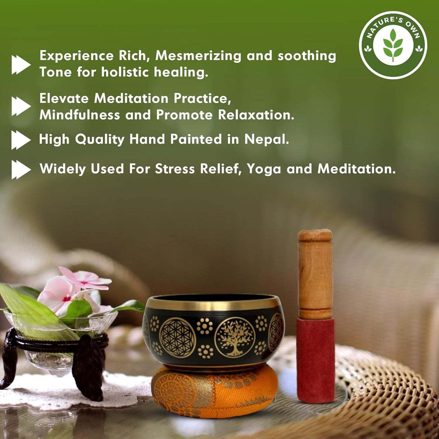 Nature's Own Tibetan Singing Bowl Set - 3.5 Inch, Black - Handcrafted in Nepal, Easy to Play - Ideal for Meditation, Yoga, Chakra Healing, Stress Relief, Spiritual Gifts for Men & Women