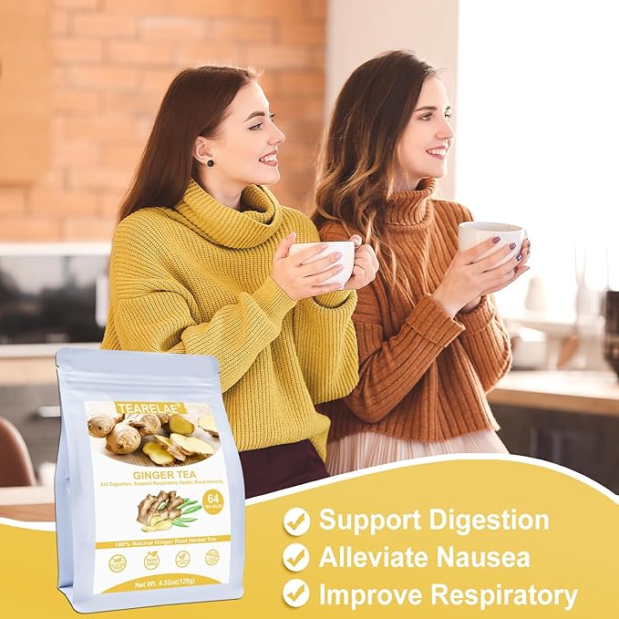 TEARELAE - Ginger Tea Bags, 64 Count - 100% Pure Ginger Root Tea, Soothing & Spicy - Non-GMO - Caffeine-free - Aid Digestion & Support Respiratory - Bloomnest