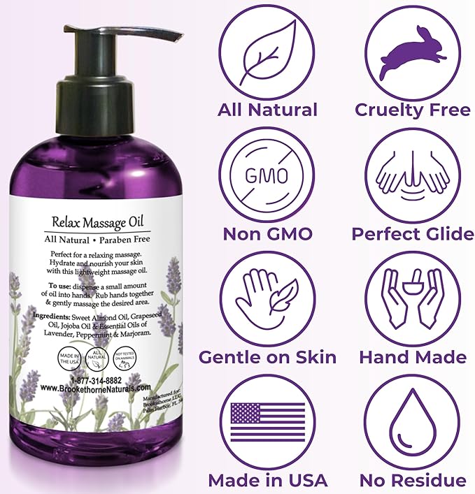 Relax Therapeutic Body Massage Oil - with Best Essential Oils for Sore Muscles & Stiffness – Lavender, Peppermint & Marjoram - All Natural - with Sweet Almond, Grapeseed & Jojoba Oil 8oz - Bloomnest