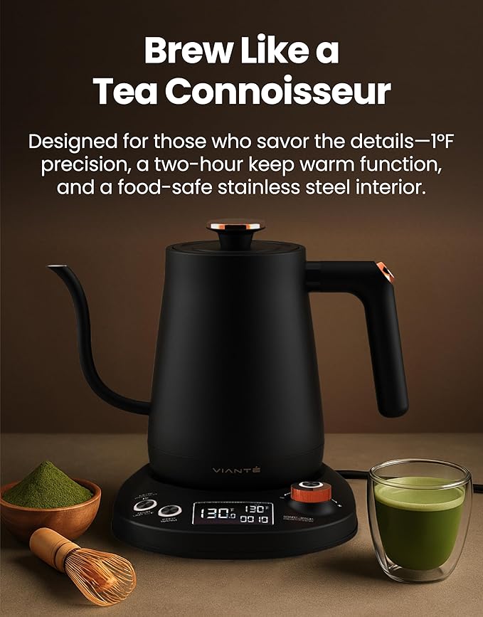 Vianté Electric Gooseneck Kettle with Precise Temperature Control. Pour Over Coffee & Tea Kettle. Boil-Dry Protection & Keep Warm Function. Stainless Steel, BPA-Free. Includes V60#2 Filters. 0.8L - Bloomnest