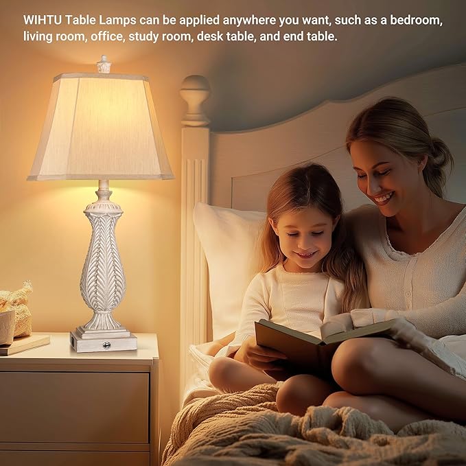 3-Way Dimmable Table Lamps for Bedrooms Set of 2, Light Wood Mermaid Bedside Lamp for Nightstand, 30" H Touch Lamps for Living Room with USB & Type-C Ports, Resin Farmhouse Rustic Lamp with 2 Bulb - Bloomnest
