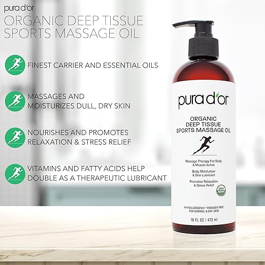 PURA D'OR 16 Oz Organic Deep Tissue Sports Massage - Jojoba, Sunflower, Almond, Grapefruit & Eucalyptus Oils - Alleviate Muscle Soreness - Bloomnest