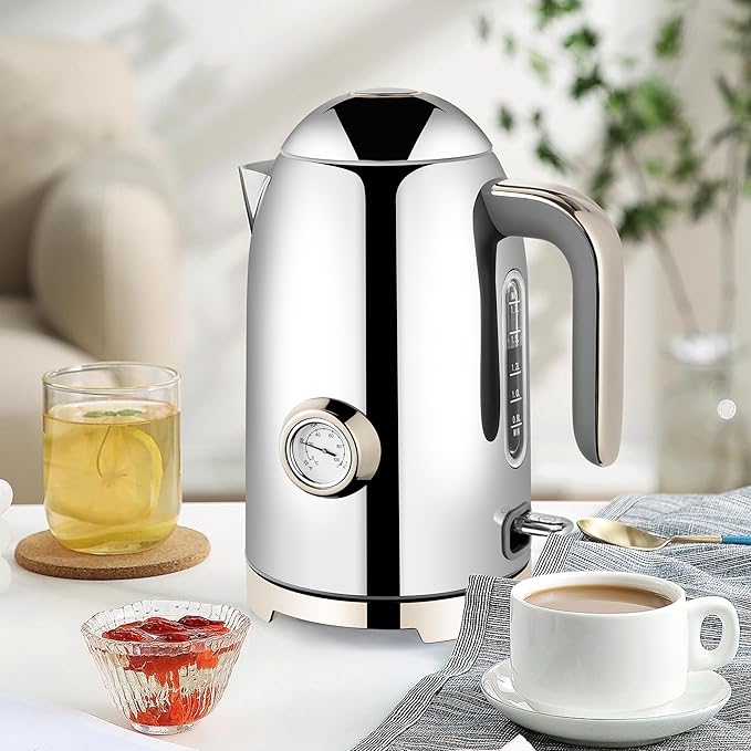 SUSTEAS Electric Kettle - 57oz Hot Tea Water Boiler with Thermometer, 1500W Fast Heating Stainless Steel Pot, Cordless LED Indicator, Auto Shut-Off & Boil Dry Protection, Silver - Bloomnest