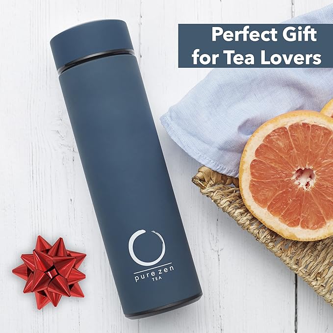 Pure Zen Tea Thermos with Infuser for Hot and Cold Infusions - Stainless Steel - Tea Infuser Bottle - Leakproof Travel Mug with Filter - 15oz - Blue - Bloomnest