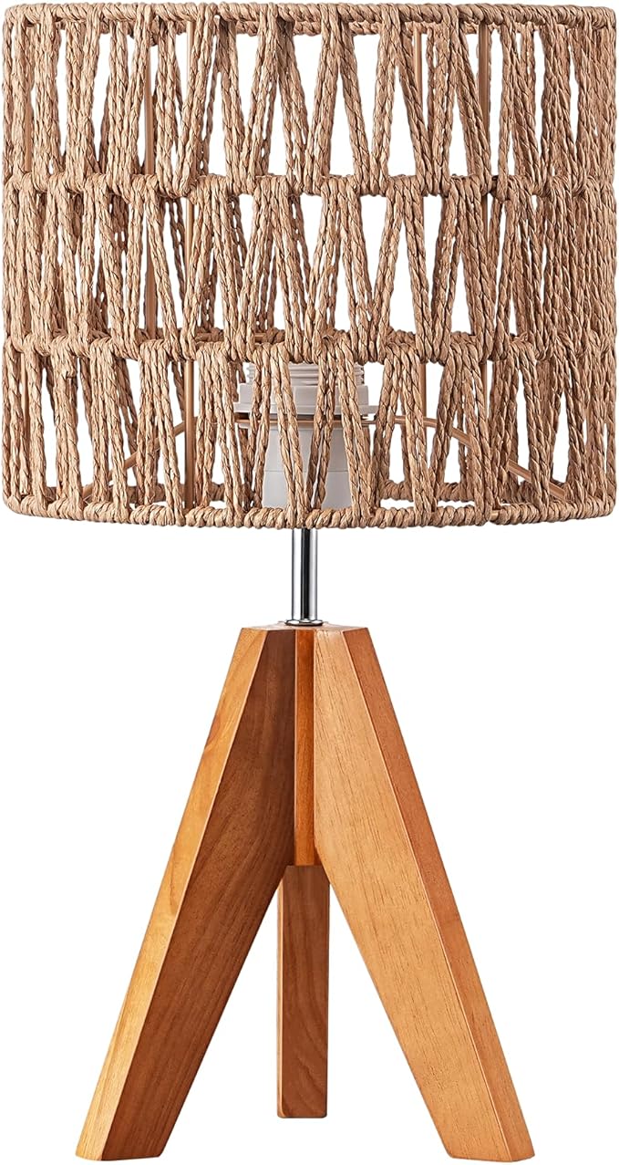 EDISHINE Small Table Lamp, Rattan Wood Tripod Bedside Lamp, Boho Nightstand Lamp for Living Room, End Table, Office, E26 Base, Natural Style - Bloomnest