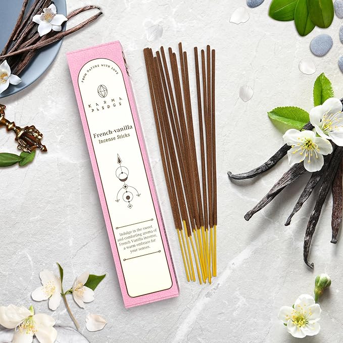 French Vanilla Incense Sticks, Organic Hand Dipped Incense, Natural Herbs & Aromatic Ingredients, Contain 40 Sticks Inside, Burn Time 45-60 Min, Spiritual Gifts, Incense By Karma Pledge