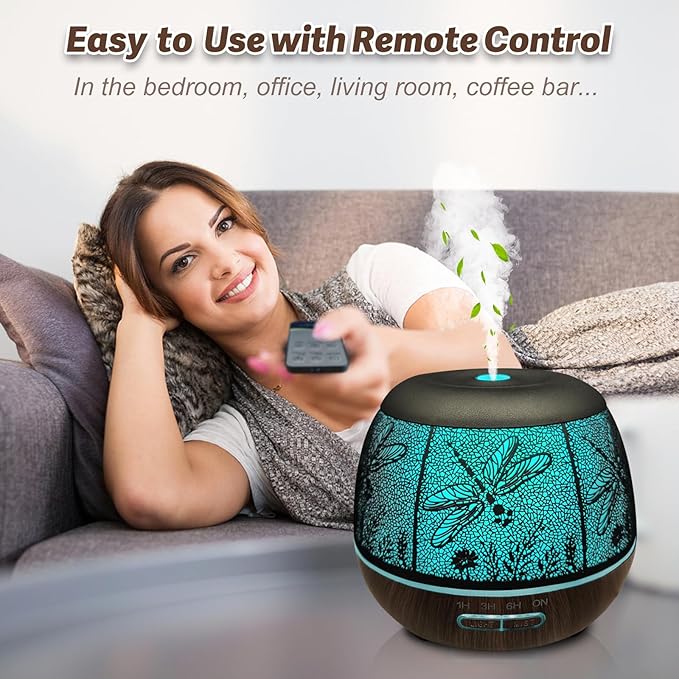 Diffusers for Essential Oils Large Room 400ml,Essential Oil Diffuser for Home with R/C,Cool Mist Humidifiers for Bedroom,7 Colors Changed & 3 Mist Mode Waterless Auto Off for Decor Dragonfly - Bloomnest