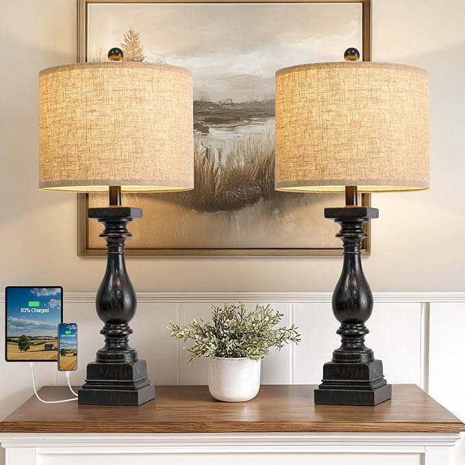 BOBOMOMO 27" Farmhouse Table Lamp Set of 2 with USB A+C for Bedroom Living Room Vintage Rustic Traditional Nightstand Bedside Lamps Retro Side Table Lamps (Black) - Bloomnest