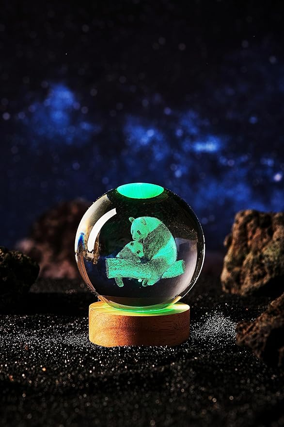 Crystal Ball Panda Family Night Light, 3.15 Inch K9 Crystal Glass Ball, 16 Color Change with Remote Control, Wooden Base Table Lamp, Birthday & - Bloomnest
