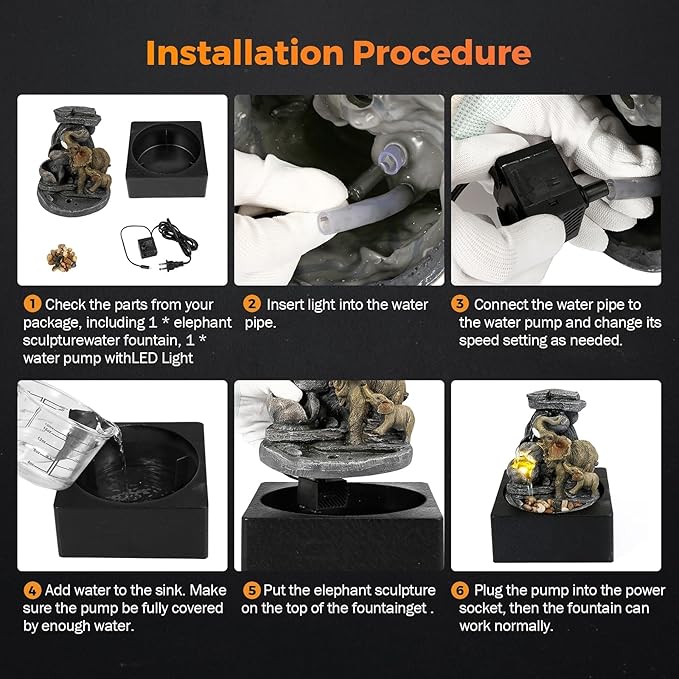 BEAMNOVA Tabletop Fountain,3 Tiered Elephant & Baby Elephant Indoor Fountains,with LED Light Water Feature for Home Office Décor