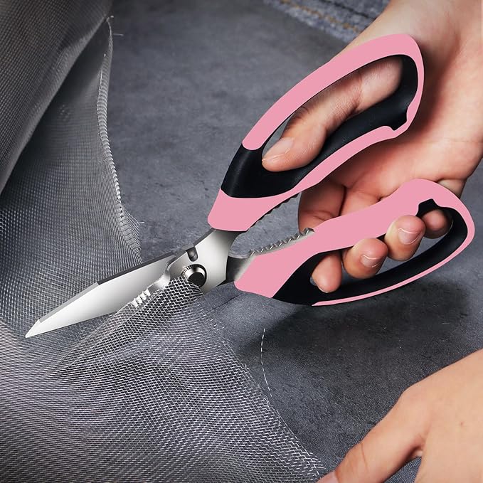 8-Inch Heavy Duty Utility Scissors All Purpose, Serrated Blade, Pink Comfort Grip for Cutting Carpet, Cardboard, Leather, Fabric, Multipurpose Sharp Shears for Kitchen, Garden, Office, Carft - Bloomnest