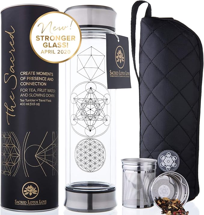 Sacred Lotus Love Double-Walled Glass Tea Infuser Bottle - Portable Travel Mug with Strainer and Sleeve for Loose Leaf Tea, Coffee, Smoothies - Insulated Tumbler with Lid for Hot and Iced Beverages