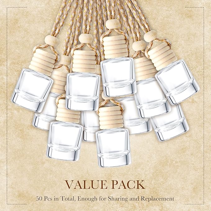BBTO 50 Pcs Hanging Car Air Freshener Car Diffuser Bottles Empty Glass Perfume Bottle Freshener Diffuser Bottle Pendant for Essential Oil Fragrance Aromatherapy Bottle Ornament (Cylinder) - Bloomnest
