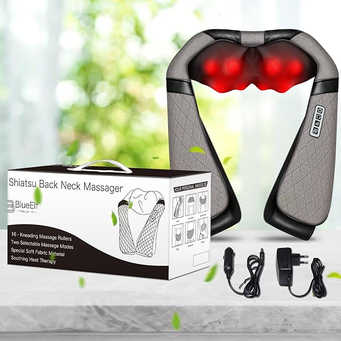 Blue Elf Shiatsu Electric Neck Back Massager Pillow 3D Kneading with Heat for Shoulder, Lower Back, Foot, Leg Muscles Pain Relief Relax in Car Office and Home (Gray) - Bloomnest