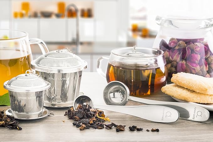 Tea Infuser (Set of 2) with Tea Scoop and Drip Dray - Ultra Fine Tea Strainer for Loose Leaf Tea - Stainless Steel Tea Steeper for a Superior Brewing Experience - Bloomnest