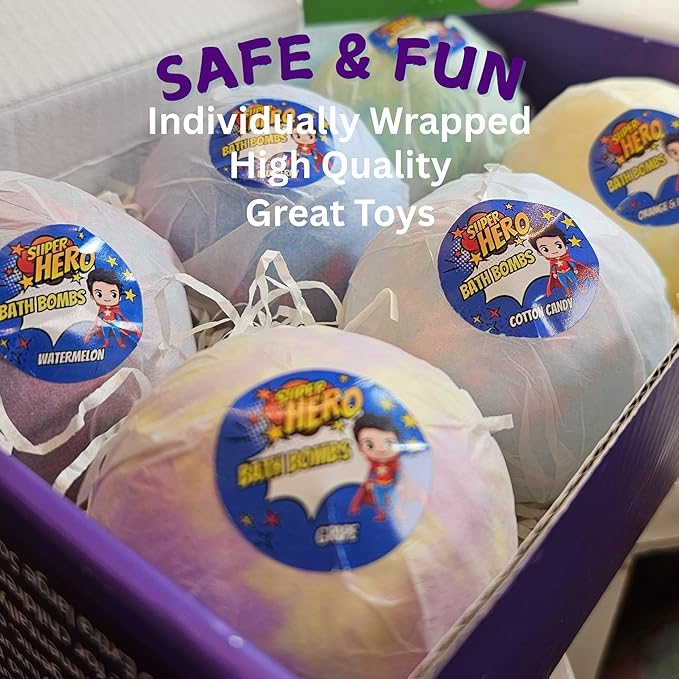EvolutionUSA Purple Epic Superhero Bath Bombs for Kids, 6 Super Hero Bath Bombs with Toy Inside, Lush Childrens Bathbombs, Organic Bathbomb with Surprise Inside, Fizzy Fun Superhero Bath Balls - Bloomnest