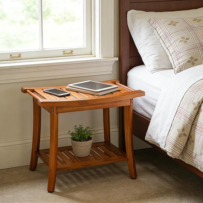 Utoplike Teak Shower Bench Seat with Handles, Portable Wooden Spa Bathing Stool with Storage Towel Shelf, 22" x 13" x 18.6", Perfect for Indoor and Outdoor Use - Bloomnest