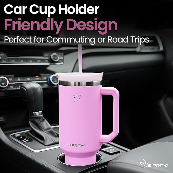 Tumbler with Handle, Insulated Tumbler with Lid and Straw, Stainless Steel Travel Coffee Mug, Cup Holder Friendly, Perfect for Camping, Travelling & Gifting, 40oz, Pink - Bloomnest