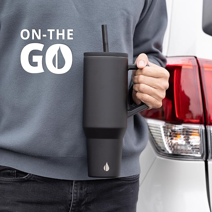 Elemental 40 oz Tumbler with Handle and Straw - Spill Proof Insulated Stainless Steel Commuter for Hot and Cold Beverages - Travel Coffee Mug with 2 Straws & Spill Proof Lid - 40oz - Black - Bloomnest