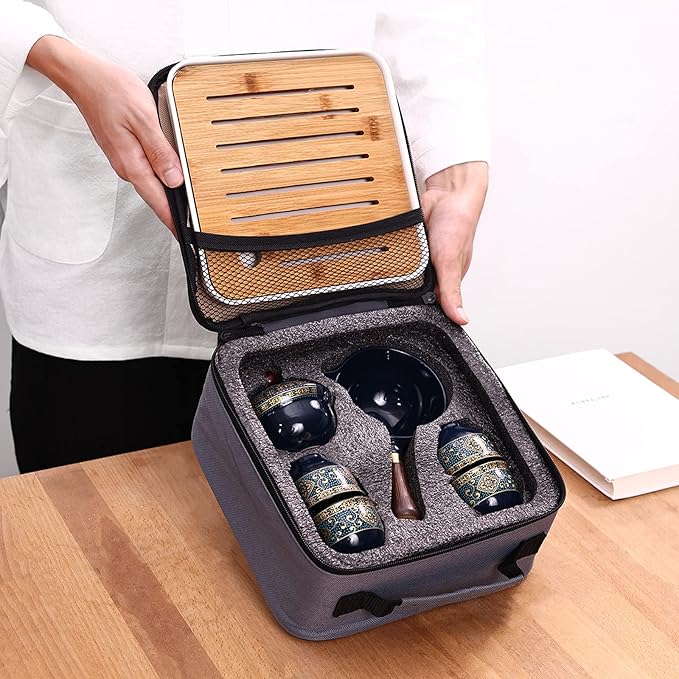 LURRIER Porcelain Chinese Gongfu Tea Set,Portable Teapot Set with 360 Rotation Tea maker and Infuser,Portable All in One Gift Bag for Travel,Home,Gifting,Outdoor and Office (Cyan Grey)