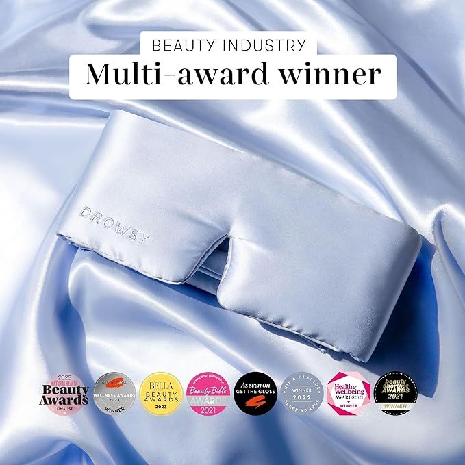 DROWSY Silk Sleep Mask - Face-Hugging, Padded Cocoon for Luxury Sleep in Total Darkness - 100% Pure Mulberry Silk (Blue Belle) - Bloomnest