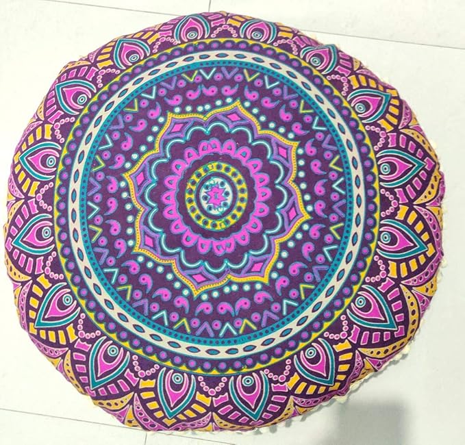 INDIAN CRAFT CASTLE New Pink Ombre 24" Mandala Barmeri Large Floor Pillow Cover Cushion Meditation Seating Ottoman Throw Cover Hippie Decorative Zipped Bohemian Pouf Ottoman Pom Pom Cases 24" Round - Bloomnest