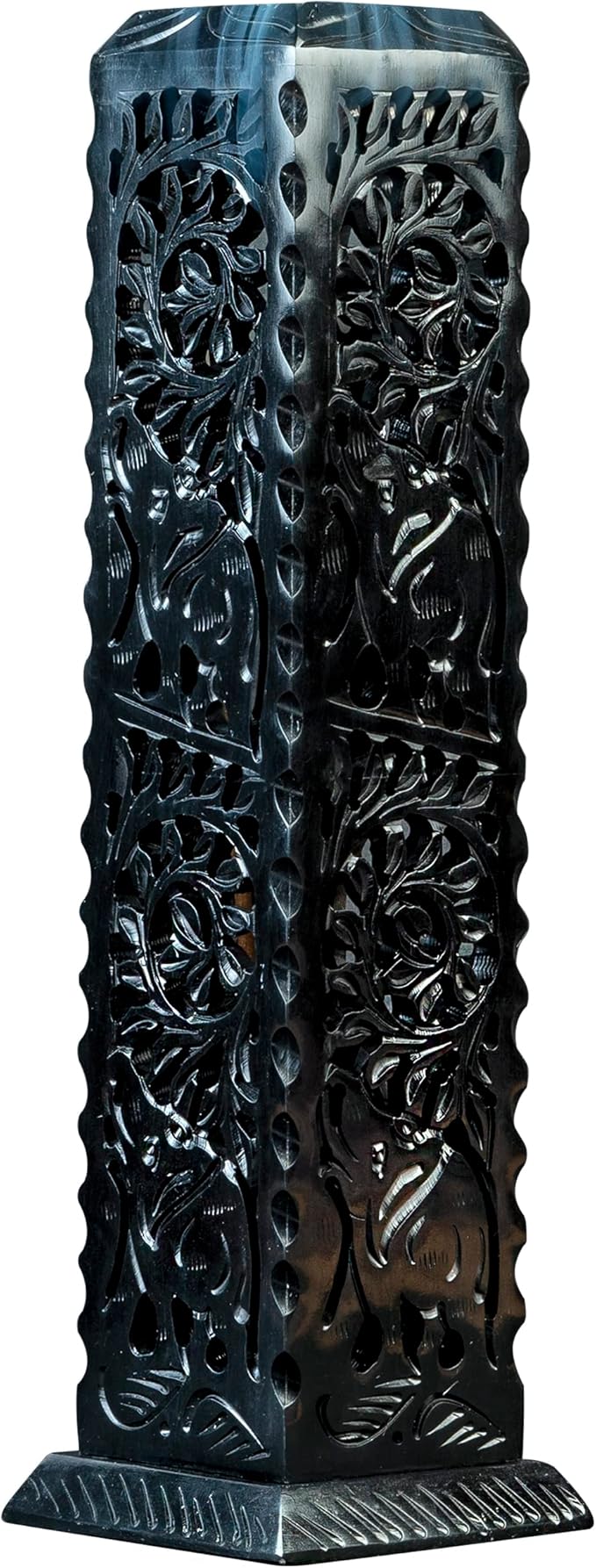 Crocon Black Marble Soapstone Incense Stick Burner Square Shape Leaf & Half Wheel Carving Tower Burner | Tea Light Candle Holder | Decorative Home & Kitchen Size - LxWxH 3X3X11 Inch