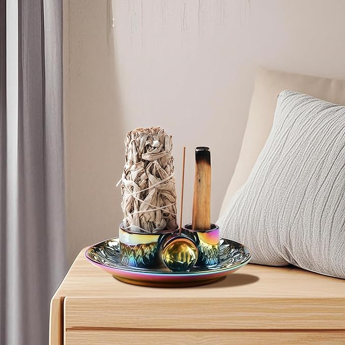 4 in 1 Incense Holder, Ceramic Incense Stick and Palo Santo Holder,Sage Holder for Burning- 5.5" Ceramic Ash Catcher Tray for Meditation and Yoga Room (Colourful) - Bloomnest