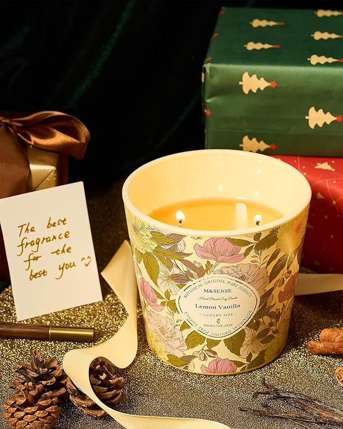 M&SENSE Lemon Vanilla Scented Candle, 28.2oz 3 Wick Natural Soy Wax Large Candles, Long Lasting Clean Slow Burning No Toxic Décor for Home Relaxation, Romantic Dates & Gift-Giving - Bloomnest