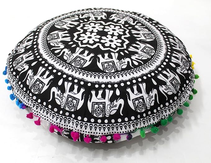 CRAFT KALA Large Round Bohemian Floor Pillow Pouf Cover Mandala Meditation Room Pillow Cover for Adults Boho Seating Poufs Cushion Cover for Kids Playroom 32" Round Black Elephant - Bloomnest