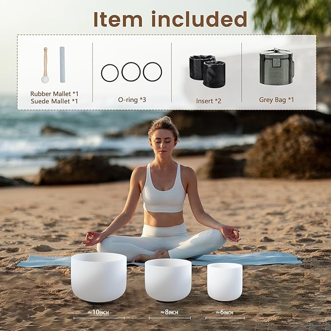 CVNC 440HZ 6"A+8"F+10"C Frosted Quartz Crystal Singing Bowl Chakra Set of 3 with Carry Case Bag - Bloomnest