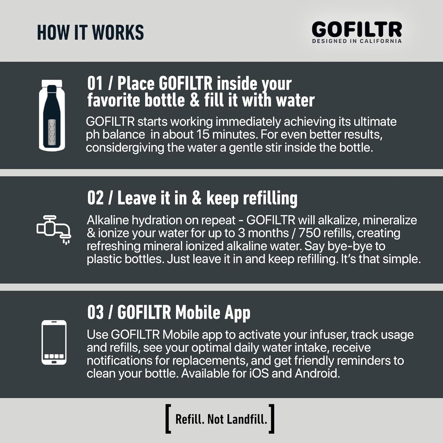 GOFILTR Alkaline Water Infuser (Original 2 Pack) 9.5 pH + Electrolytes for Any Water Bottle/Small Pitcher, 750 Refills / 3 Months, 2 Ionized Mineral Water Infusers